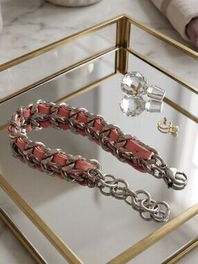 Stainless Steel Genuine Pink Leather Woven Chain Bracelet NEW